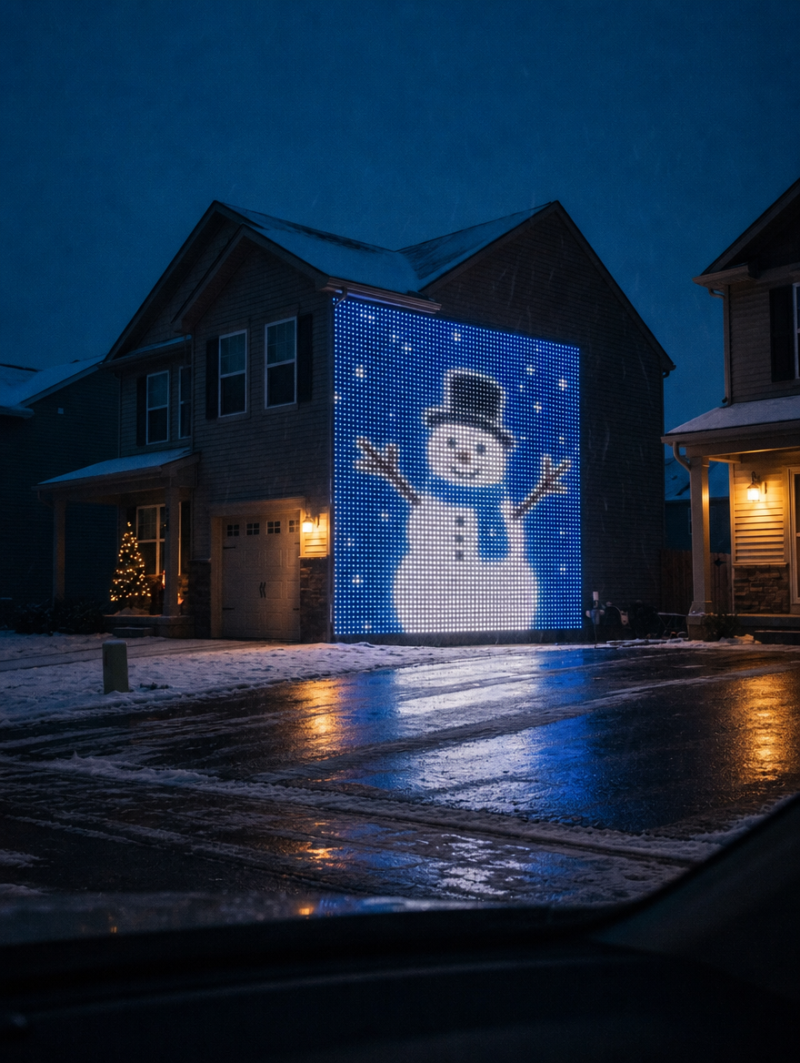 Snowman animation glowing on a garage-door light curtain