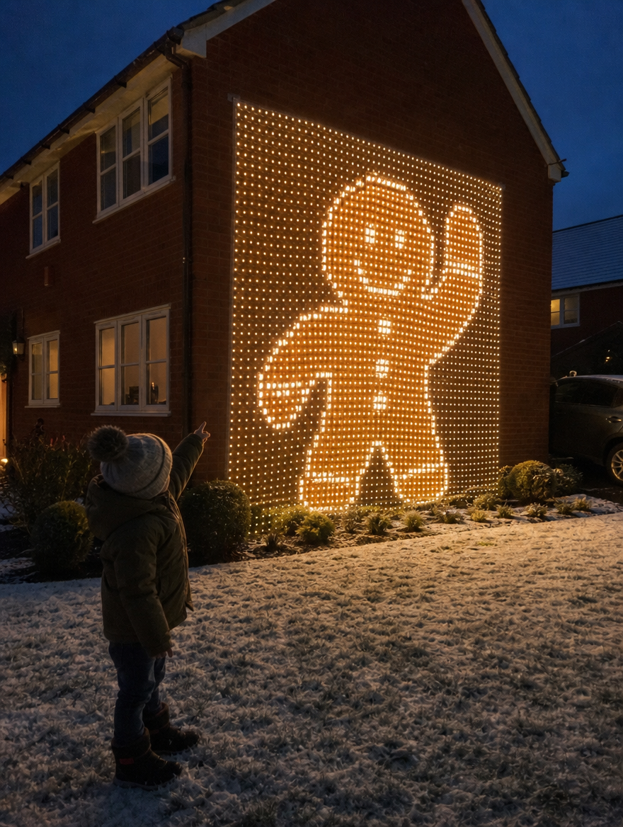 A child pointing at a gingerbread man glowing on a brick wall
