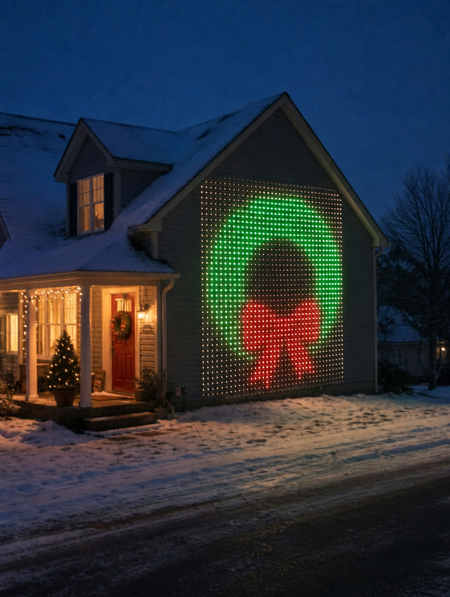 A green wreath with a red bow glowing on the gable end of a cottage