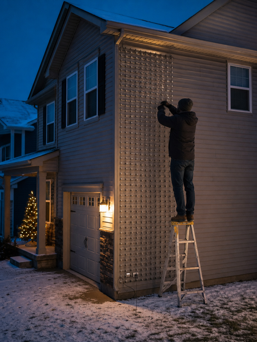 Hanging the light curtain from hooks under the eaves of a house