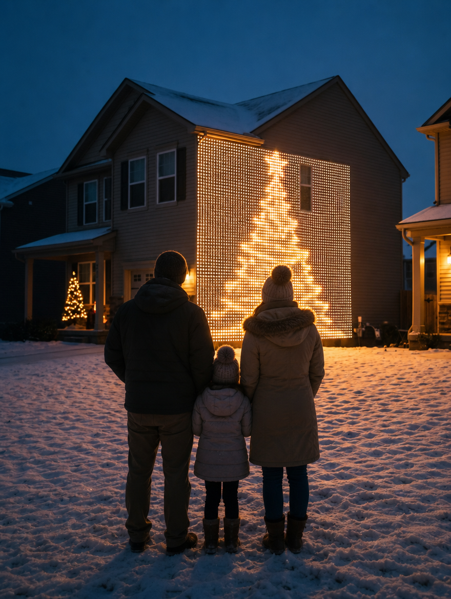 A family looking up at a pixel-art Christmas tree glowing on their house