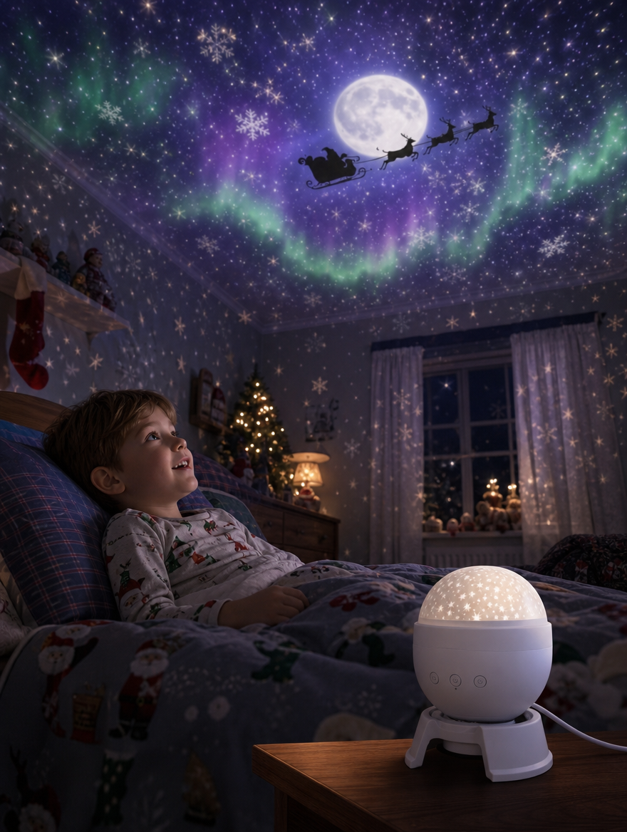 A child in bed looking up at aurora and Santa's sleigh projected on the bedroom ceiling