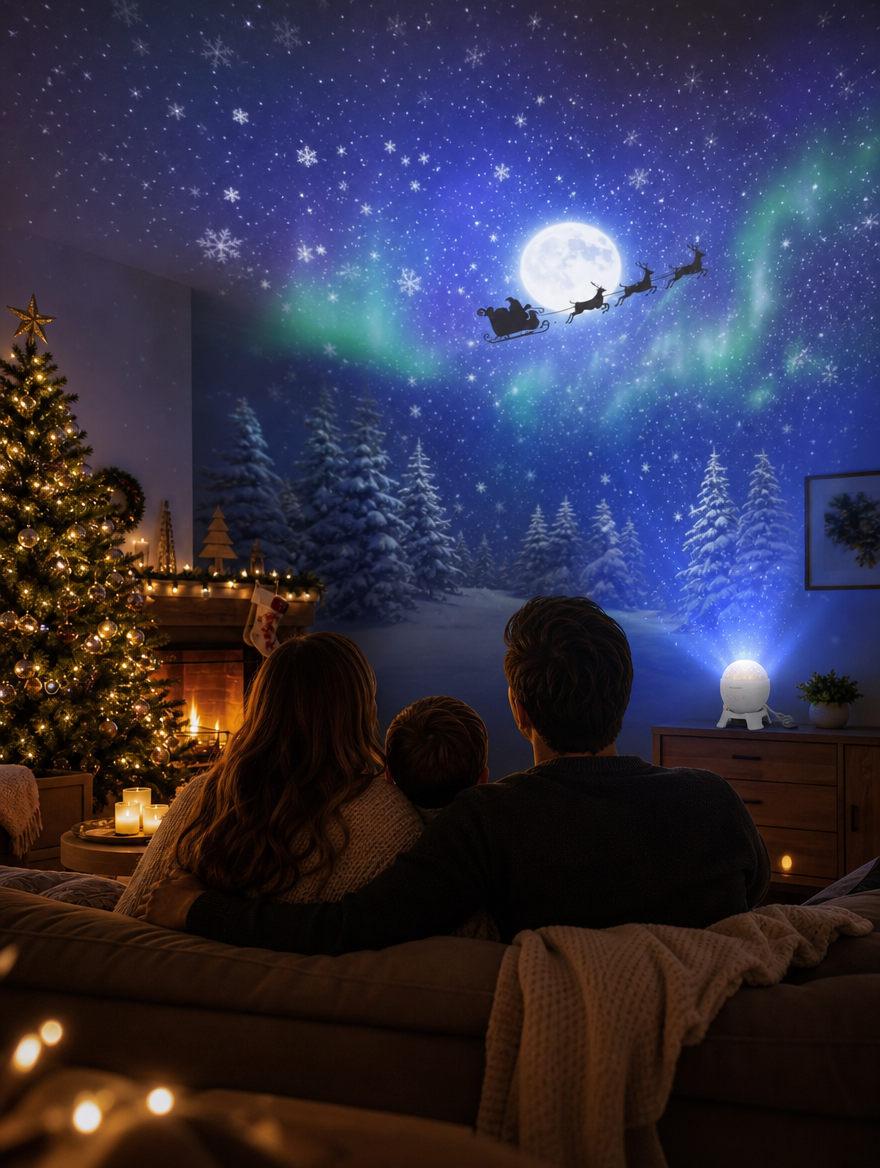 A family on the sofa watching a projected Christmas sky fill the living room