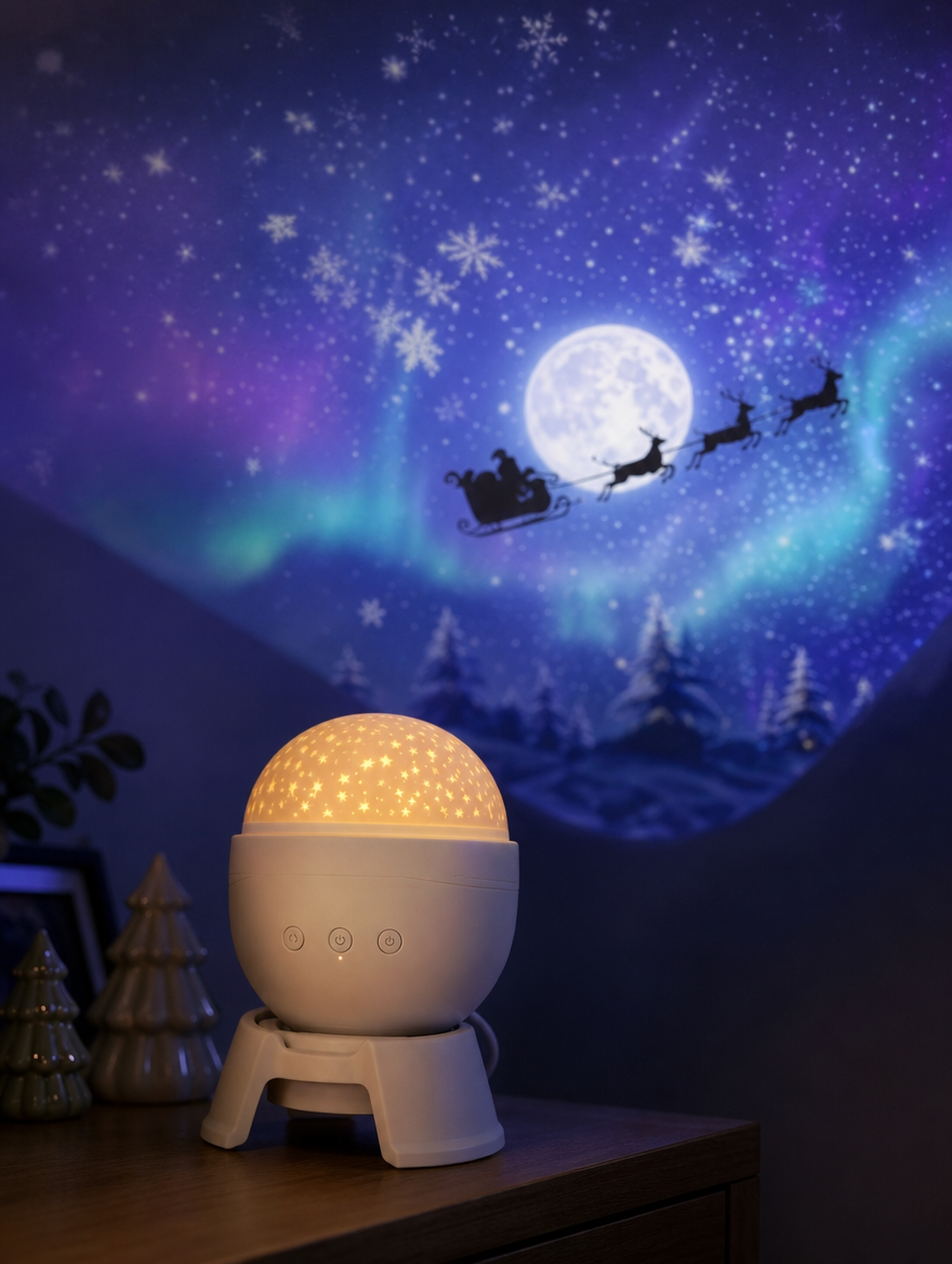 The projector on a shelf with a glowing aurora and sleigh silhouette on the wall behind it
