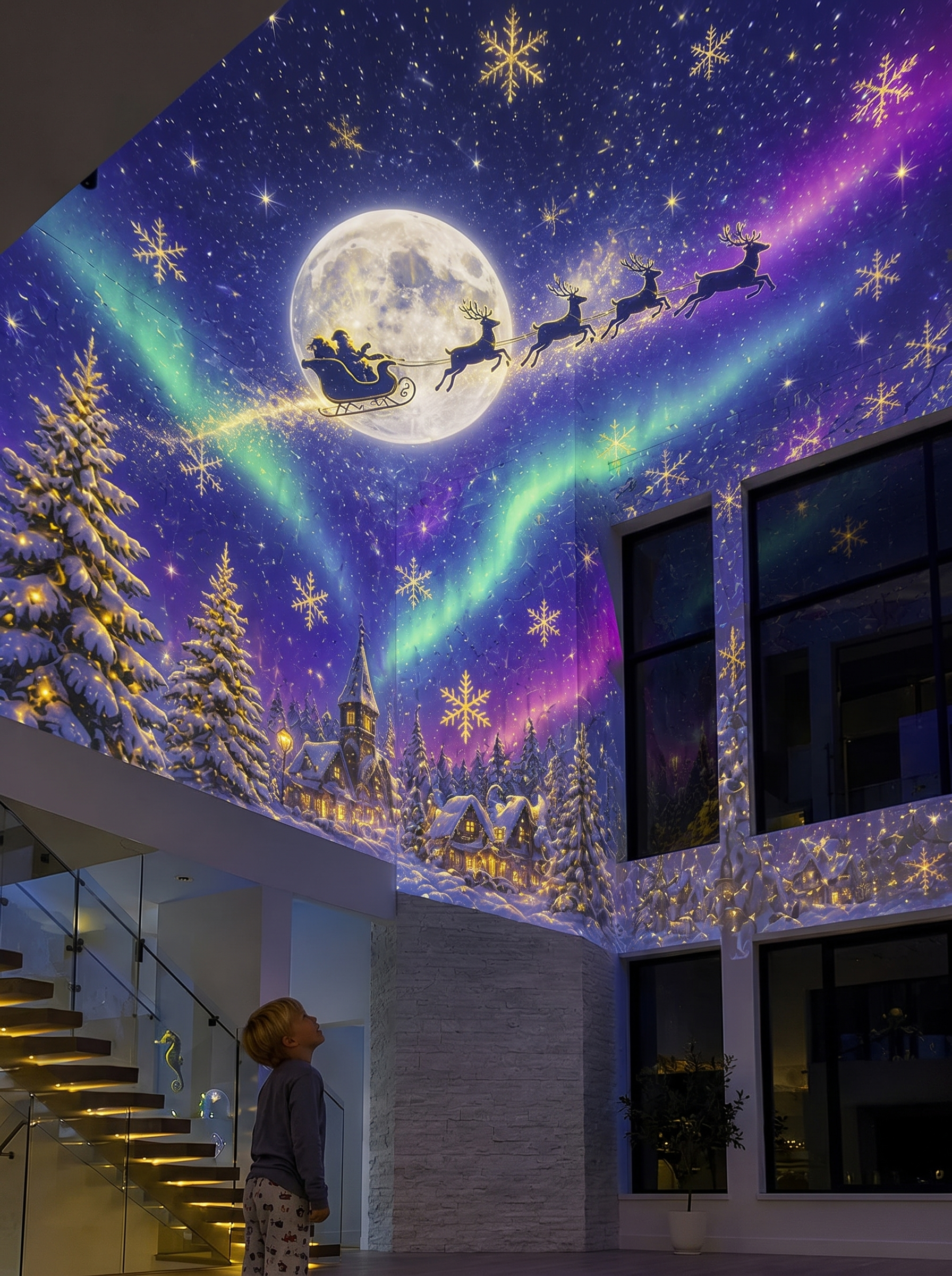 A child gazing up at a projected aurora, moon and Santa's sleigh filling a double-height room