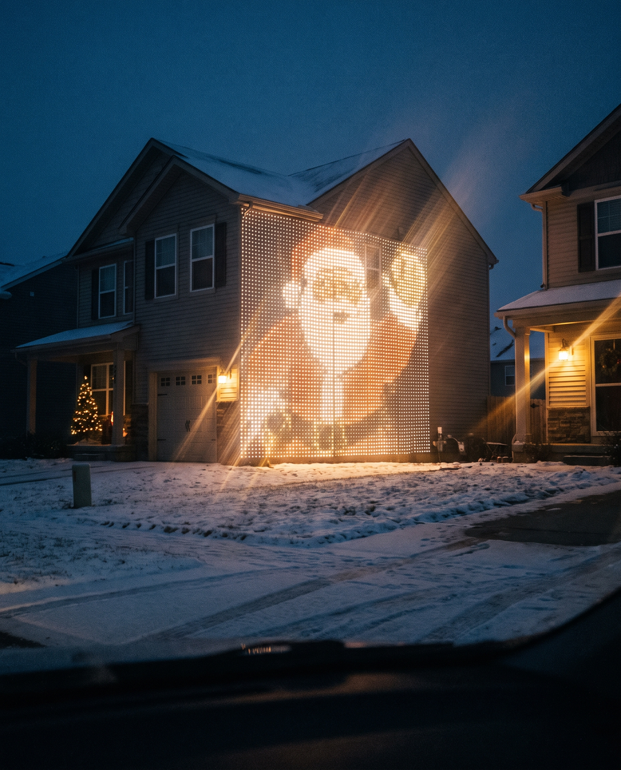 Glowgrove LED Light Curtains lighting up a house facade at night